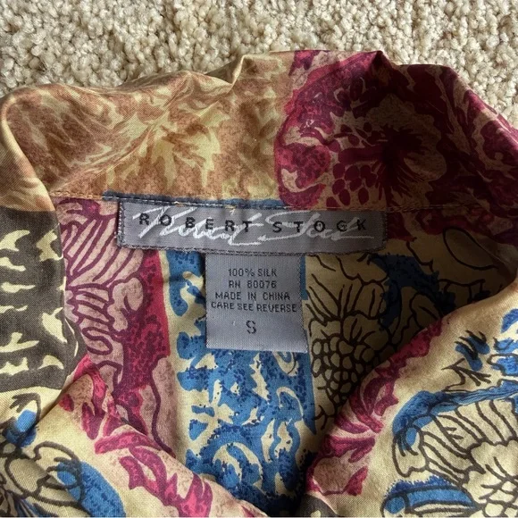 Robert Stock 100% Silk Shirt Mens Size S Patchwork Floral Button Up Long Sleeve - Picture 2 of 10